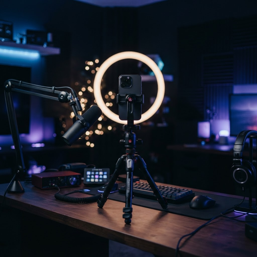 A professional TikTok creator livestream setup with ring light and RGB accent lighting